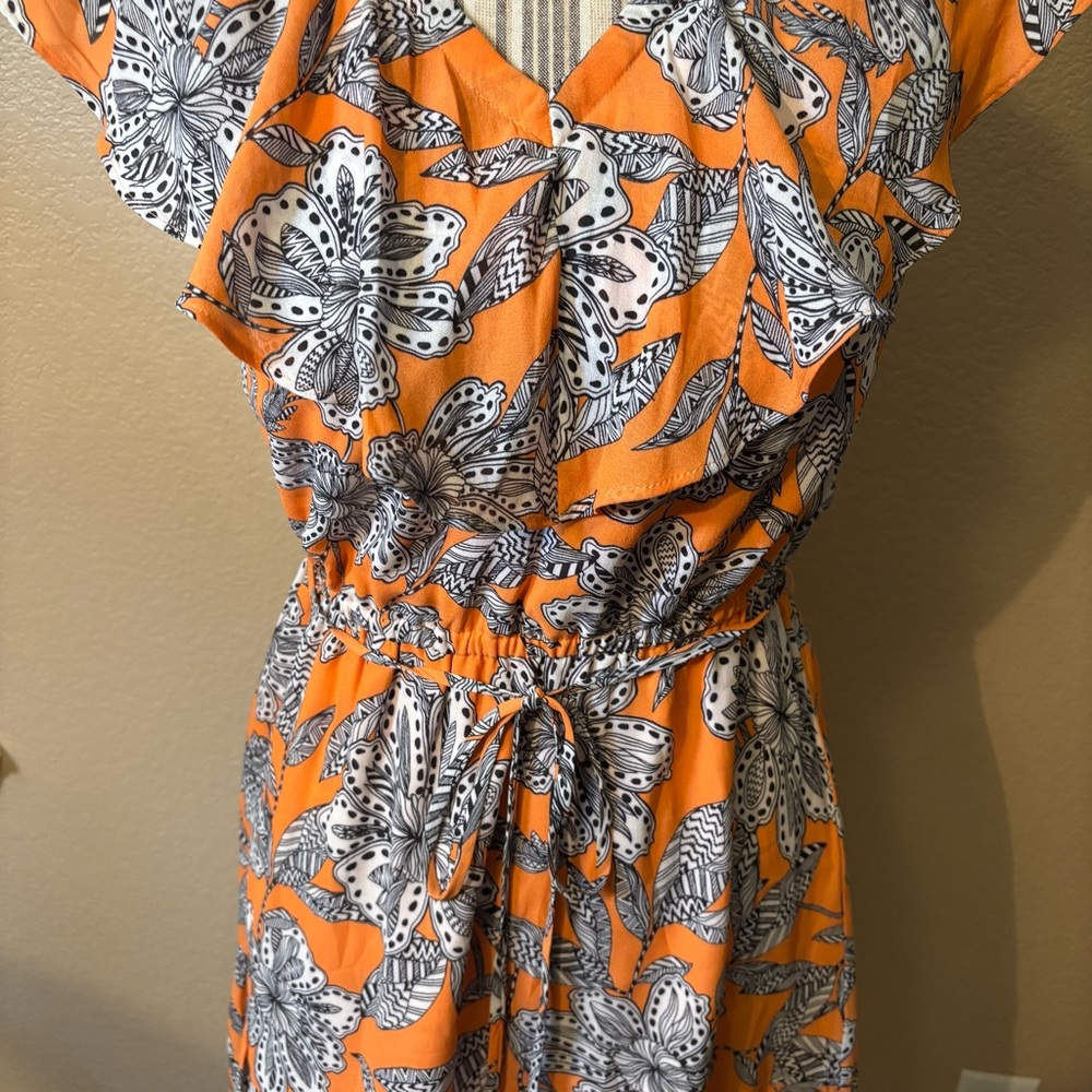 SALE! LOFT Dress XS Orange Black White Floral Mini Retro Ruffle Elastic Neckline - Picture 5 of 16